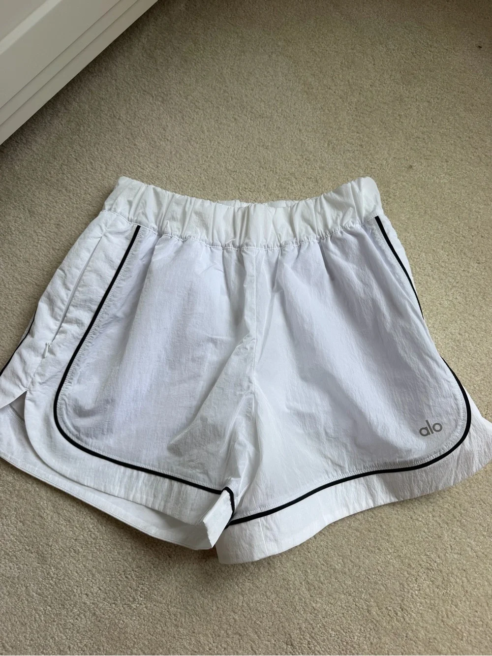 ALO Yoga White Shorts with Black Piping